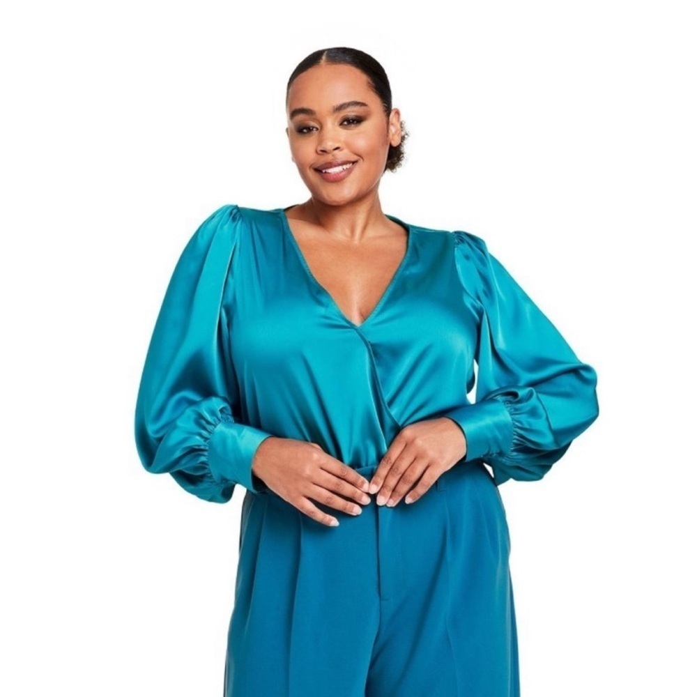 SERGIO HUDSON extra large blue bodysuit satin long sleeved